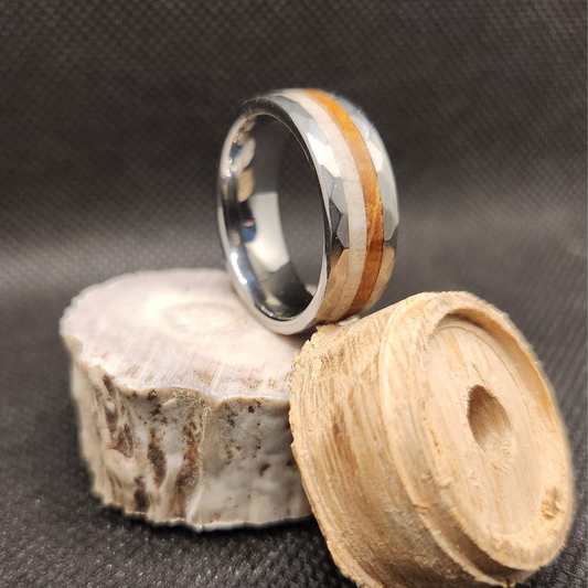 Whitetail or Elk Antler with Whiskey on Hammered Tungsten